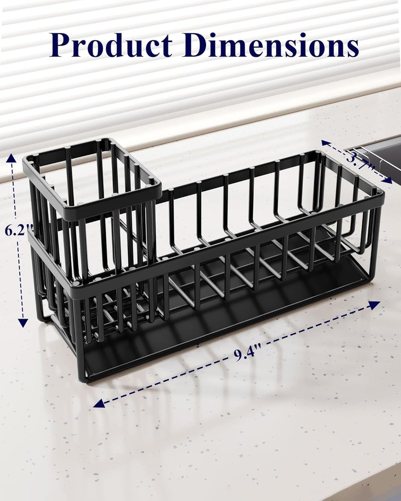 Kitsure Sponge Holder for Kitchen Sink - Stainless Steel Sink Caddy, Kitchen Sink Organizer with Brush Holder, Multi-Functional Sponge Holder for Kitchen, 9.4" x 3.7" x 6.2", Black - Image 2