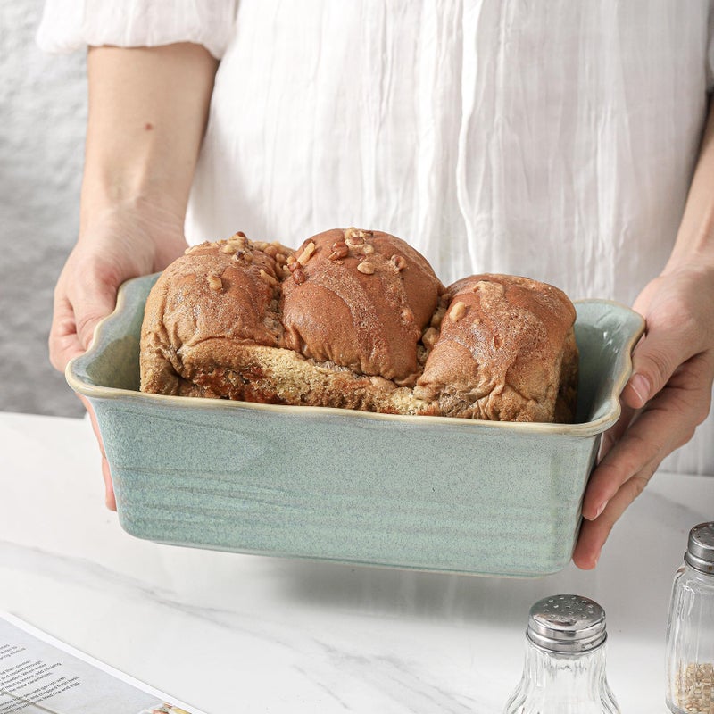 HVH Ceramic Loaf Pan for Baking Bread, Rectangular Baking Bread Loaf Pan, 9 x 5 inch Bread Pan, Bread Baking Pan for Cooking, Wave Series, Farmhouse Style (Turquoise) - Image 3