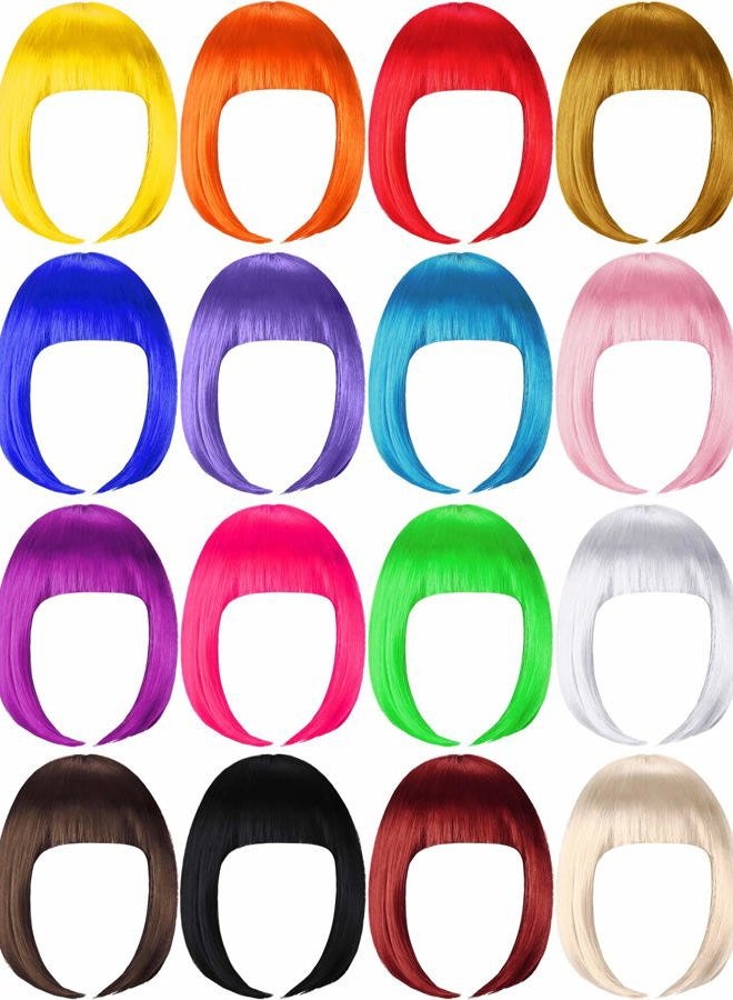 WILLBOND 16 Pieces Short Bob Wigs Cosplay Colorful Costume Wig Party Hairpiece Wig Straight Short Hair Wig for Women and Girls Decoration - Image 1