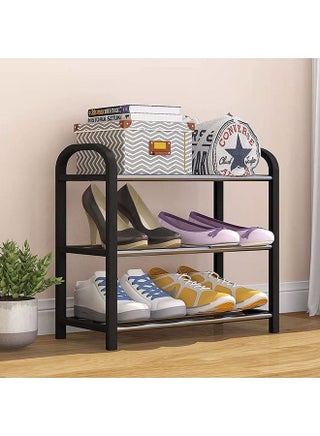 3 Tier Black Shoe Rack 6 Pairs Of Shoes Shelf Storage Multifunctional Lightweight Organizer Sturdy Metal Stackable Stand Footwear For Closet Living Room Bedroom Bathroom 42X19X43Cm - view 4
