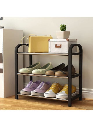 3 Tier Black Shoe Rack 6 Pairs Of Shoes Shelf Storage Multifunctional Lightweight Organizer Sturdy Metal Stackable Stand Footwear For Closet Living Room Bedroom Bathroom 42X19X43Cm - view 3
