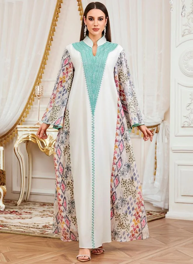 Take Two Multi-Color Floral Print Embroidered Maxi Jalabiya