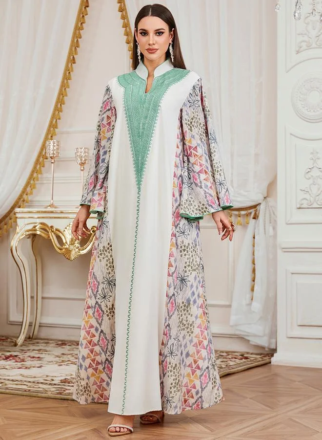 Take Two Multi-Color Floral Print Embroidered Maxi Jalabiya