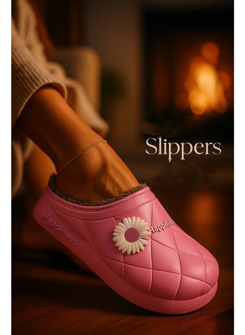 HAPPINESS Winter Home Slippers with Faux Fur & Elegant Flower - Size 37-38 - Image 2