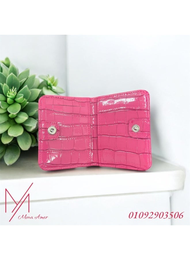 Luxury Crocodile Pattern Leather Wallet, Bifold Design, Glossy Finish, Classic Style-901 (Fuchsia) - Image 2