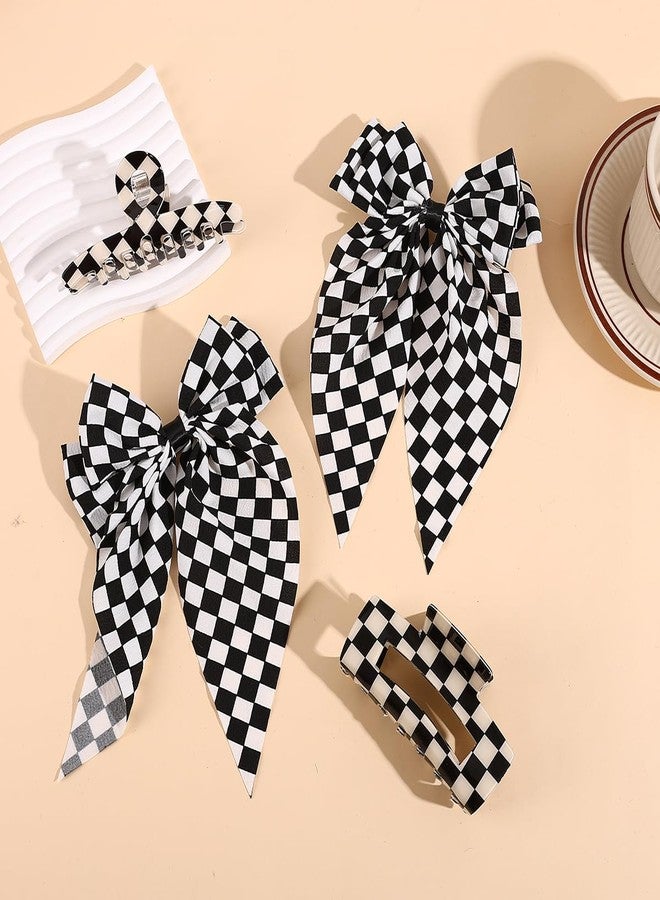 BaBakiak Black White Checkerboard Hair Accessories Set, 4 Pieces Black and White Pattern Hairclips, Bow Tie Hair Clips and Hairpins - Image 2
