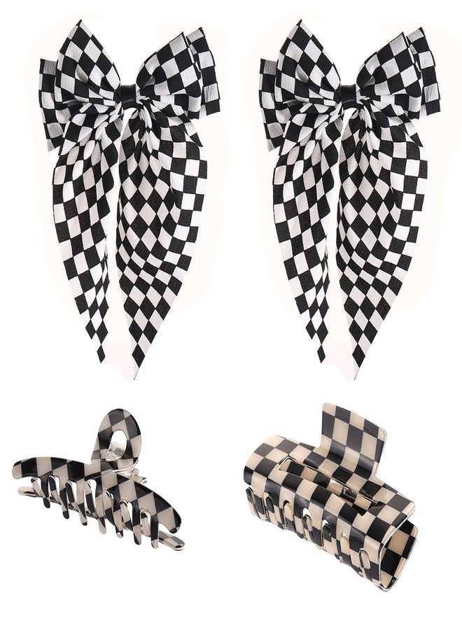 BaBakiak Black White Checkerboard Hair Accessories Set, 4 Pieces Black and White Pattern Hairclips, Bow Tie Hair Clips and Hairpins - Image 1
