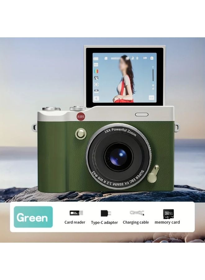 كاميرا رقمية كلاسيكية خضراء مع بطاقة ذاكرة 32 جيجابايت وسير للعنق - Image 1