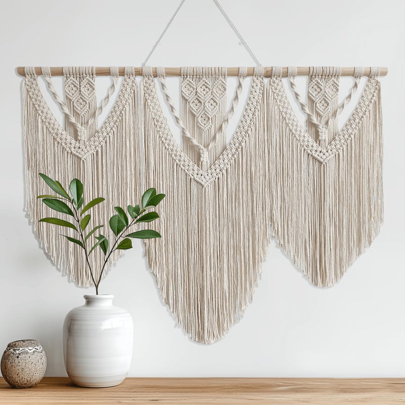oiikain Large Handmade Boho Macrame Wall Hanging Tapestry - Chic Bohemian Woven Home Decor art for Living Room, Bedroom, and Wedding Parties (Beige, twelve rhombus) - Image 1