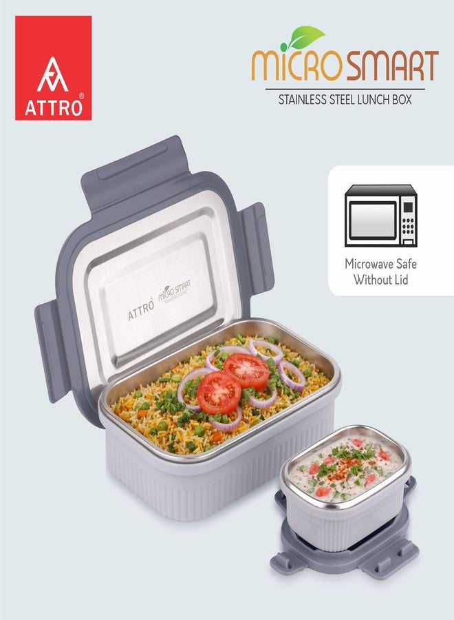 ATTRO Micro Smart Stainless Steel Lunch Box with Inner Steel Body, Microwave Safe Without Lid, Airtight Leakproof with Small Container for Office, School Kids & Outdoor Use – 800ml+180ml-Grey - Image 2
