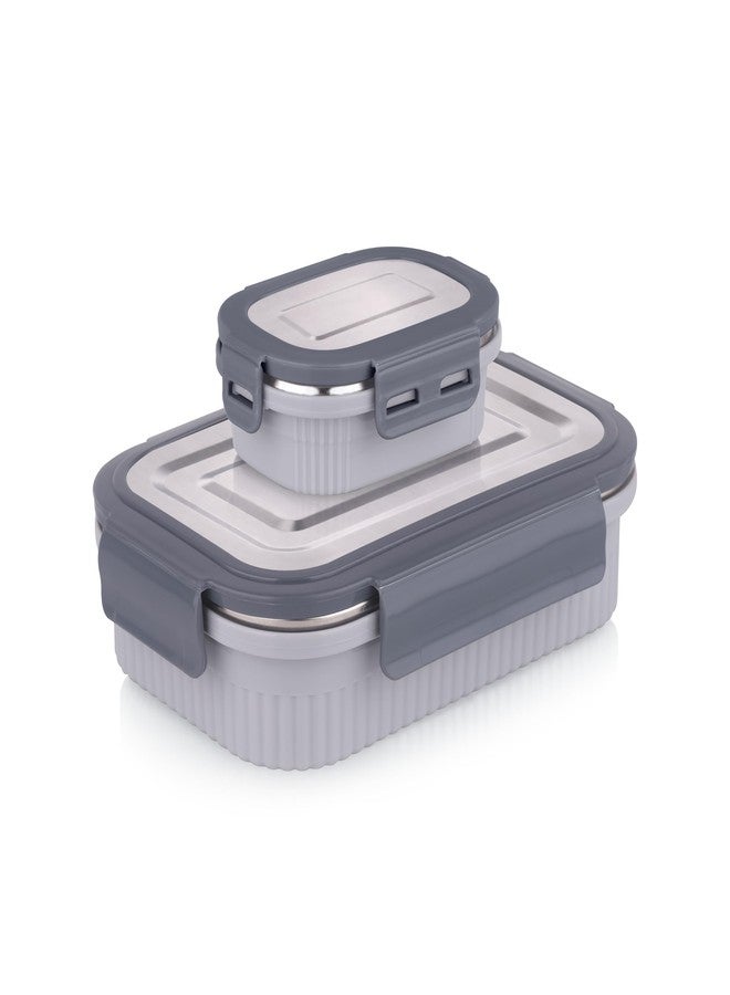ATTRO Micro Smart Stainless Steel Lunch Box with Inner Steel Body, Microwave Safe Without Lid, Airtight Leakproof with Small Container for Office, School Kids & Outdoor Use – 800ml+180ml-Grey - Image 1