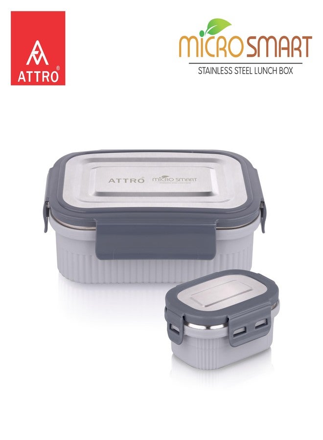 ATTRO Micro Smart Stainless Steel Lunch Box with Inner Steel Body, Microwave Safe Without Lid, Airtight Leakproof with Small Container for Office, School Kids & Outdoor Use – 800ml+180ml-Grey - Image 3