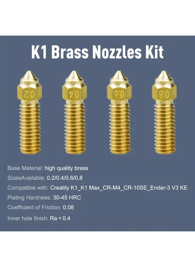 4 قطع من فوهات طابعة ثلاثية الأبعاد من النحاس الأصفر بقطر 0.2 ملم، متوافقة مع طابعات Creality Ender 3 V3 KE K1 K1 Max، عالية الجودة، مطلية بالنحاس، فولاذ مقوى. - Image 1