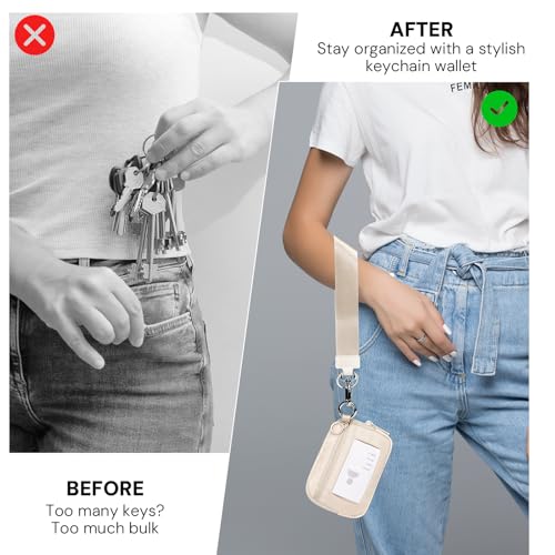 YDF Beige Mini Zip Card Case for Women with Clear ID Window, Coin Purse, Lightweight Small Zipper Wallet,Portable Organizer - Image 2