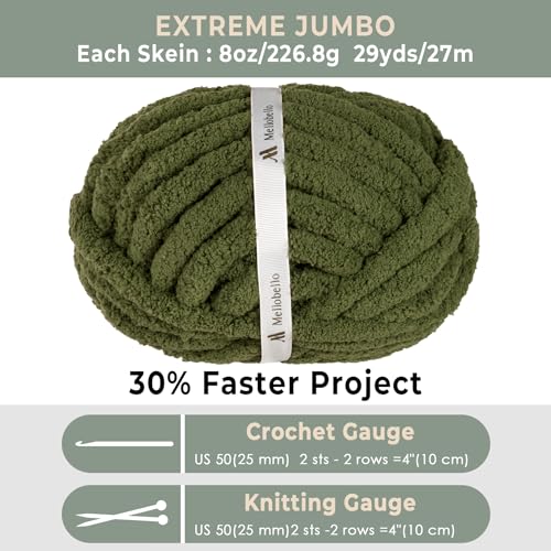 mellobello Jumbo Chunky Yarn for Hand Knitting - Super Thick Chenille Chunky Yarn for Crocheting - Extra Soft Bulky Fluffy Blanket Big Yarns 8 Jumbo Pack (27yds,8 oz Each Skein) Olive Green - Image 4