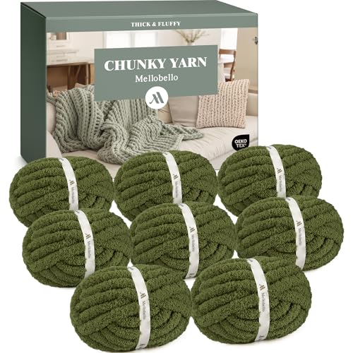 mellobello Jumbo Chunky Yarn for Hand Knitting - Super Thick Chenille Chunky Yarn for Crocheting - Extra Soft Bulky Fluffy Blanket Big Yarns 8 Jumbo Pack (27yds,8 oz Each Skein) Olive Green - Image 1