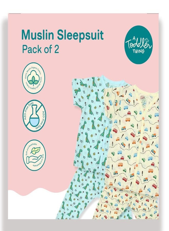 A toddler thing 100% Organic Half Sleeve Sleepsuits | Pajama Sets for Boys and Girls | Kids Nightwear | Trucks & T-Rex | Pack of 2 | 3-6 Months - Image 2
