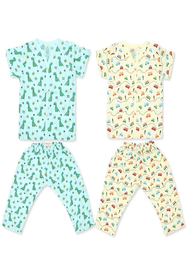 A toddler thing 100% Organic Half Sleeve Sleepsuits | Pajama Sets for Boys and Girls | Kids Nightwear | Trucks & T-Rex | Pack of 2 | 3-6 Months - Image 1