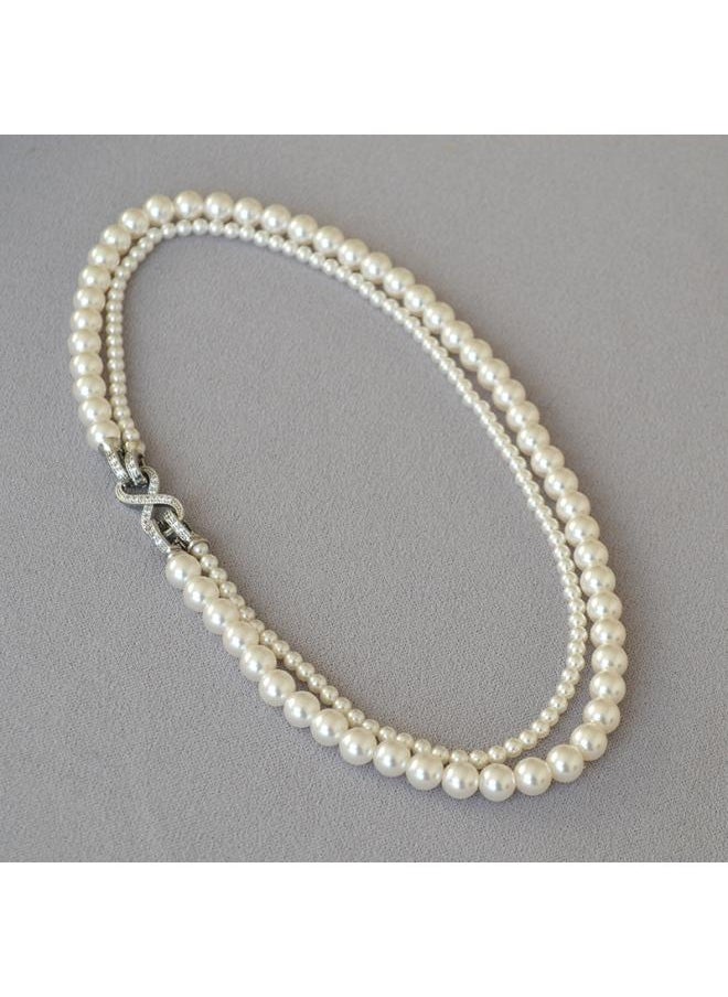 Generic - Korean Style Fashionable Light Luxury Full Diamond Zircon 8-word Buckle Detachable Double-layer Highlight Imitation Shijia Pearl Necklace Sweater Chain - Image 1