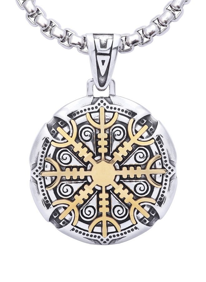 HAQUIL Viking Helm of Awe Necklace - Stainless Steel, Aegishjalmr Medallion Pendant - Box Chain - Image 1