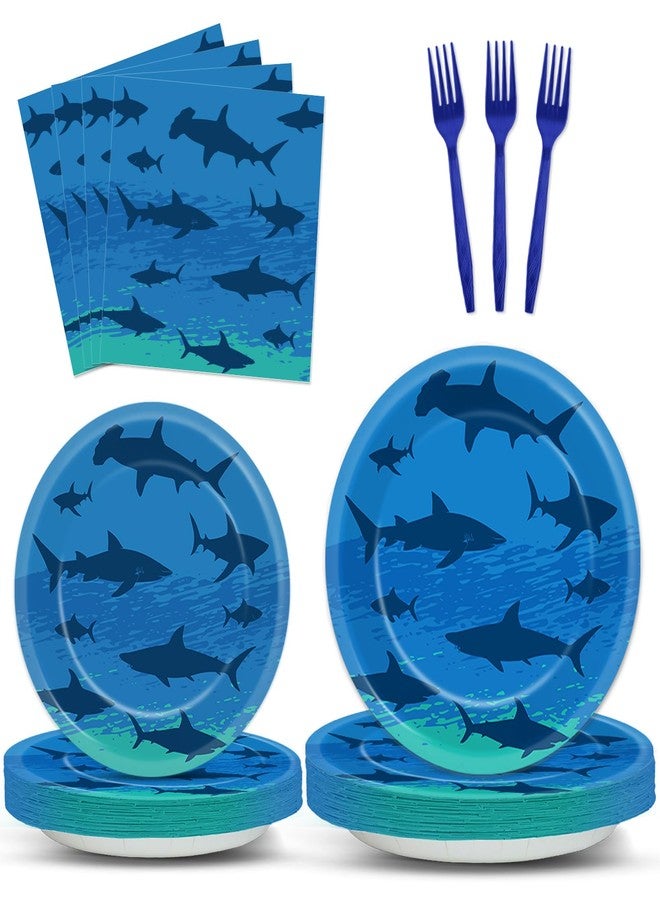 Oitnlaughter 96PCS Shark Birthday Paper Plates Napkins Forks Set for Ocean Shark Themed Party Disposable Decor Under the Sea Party Tableware Sets for Baby Shower Ocean Animal Theme Party Decorations - Image 1