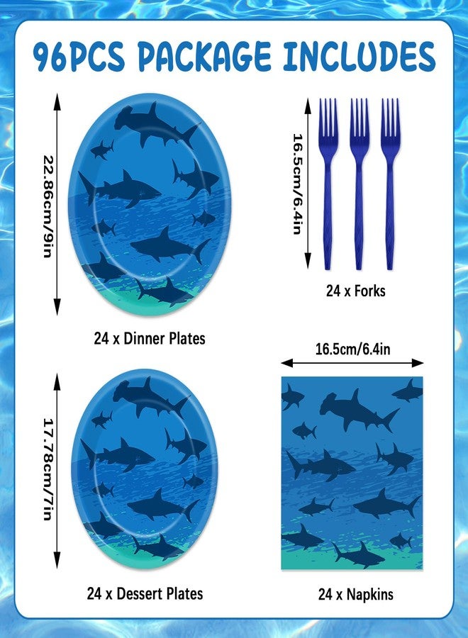 Oitnlaughter 96PCS Shark Birthday Paper Plates Napkins Forks Set for Ocean Shark Themed Party Disposable Decor Under the Sea Party Tableware Sets for Baby Shower Ocean Animal Theme Party Decorations - Image 2