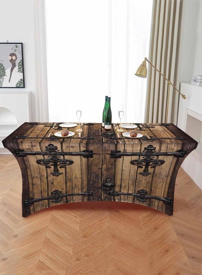 Chees D Zone Farm Retro Wood Door Spandex Table Cover, Fitted for 4ft Rectangle, Washable Elastic Stretch Patio Tablecloth, Vintage Barn Brown Board Table Cloth for Cocktail Wedding Party Banquet - Image 2