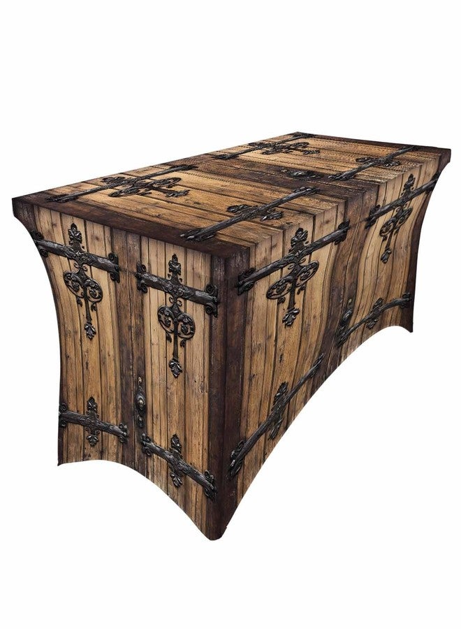 Chees D Zone Farm Retro Wood Door Spandex Table Cover, Fitted for 4ft Rectangle, Washable Elastic Stretch Patio Tablecloth, Vintage Barn Brown Board Table Cloth for Cocktail Wedding Party Banquet - Image 1