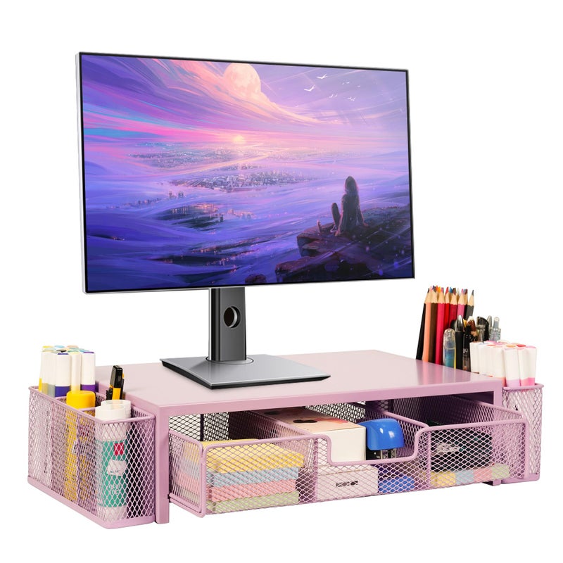 Qupui Computer Monitor Stand Riser with Drawer and Pen Holders, Desk Organizer Shelf and Accessories, Office Desk Accessories, Office Organization, Pink - Image 1