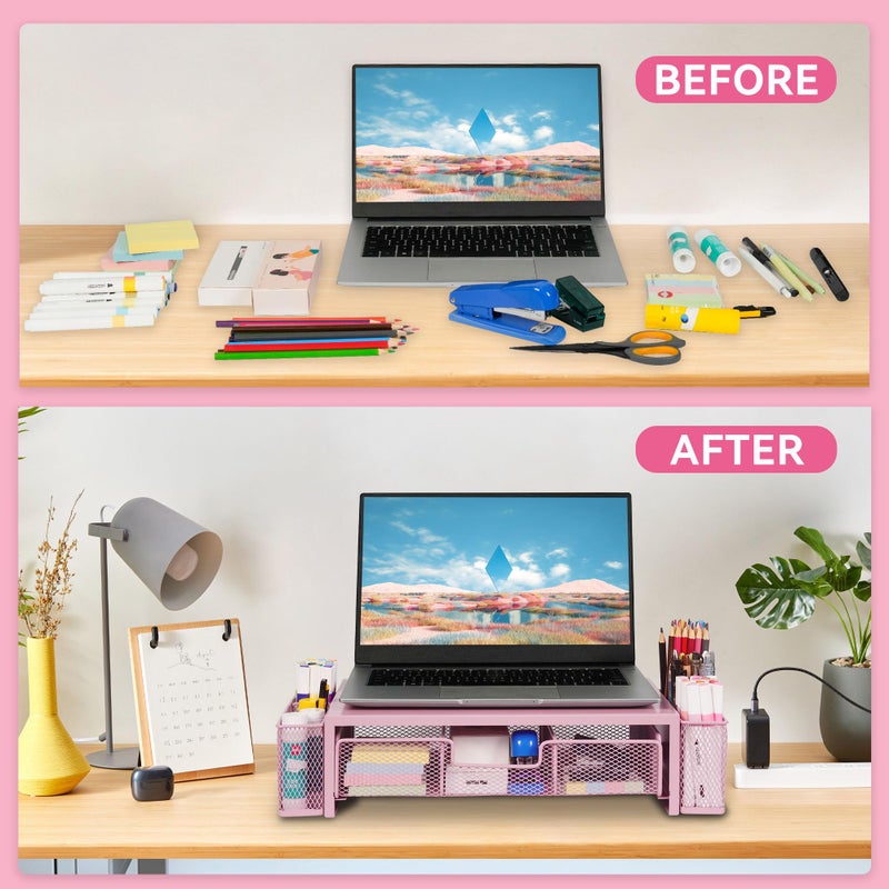 Qupui Computer Monitor Stand Riser with Drawer and Pen Holders, Desk Organizer Shelf and Accessories, Office Desk Accessories, Office Organization, Pink - Image 3