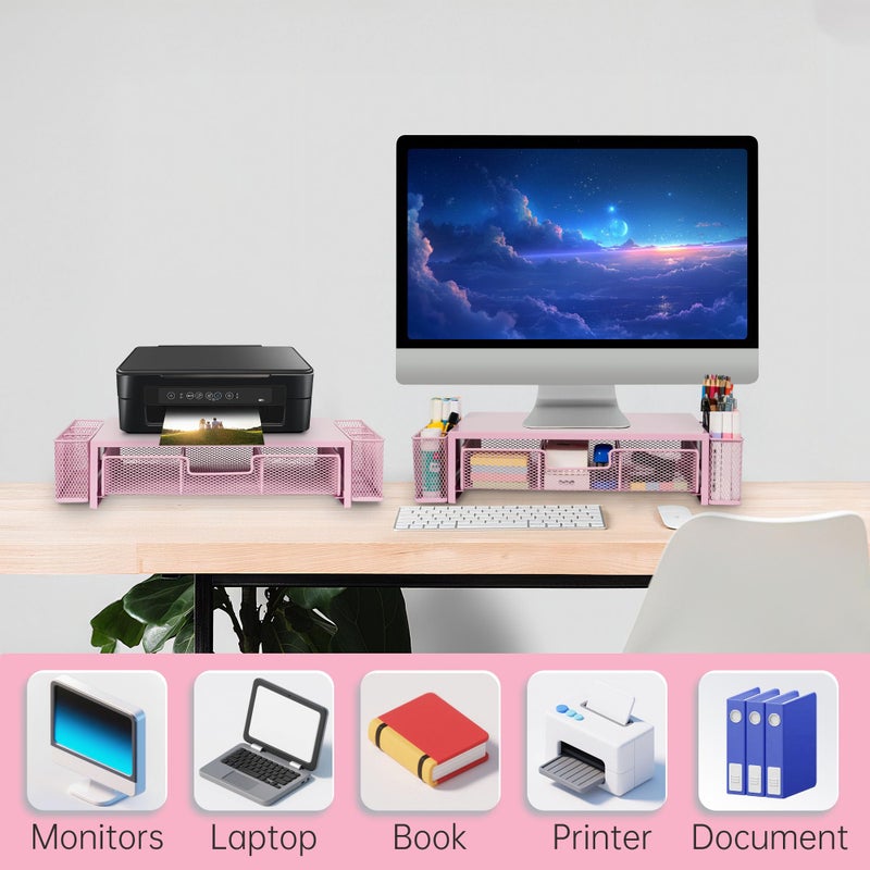 Qupui Computer Monitor Stand Riser with Drawer and Pen Holders, Desk Organizer Shelf and Accessories, Office Desk Accessories, Office Organization, Pink - Image 5
