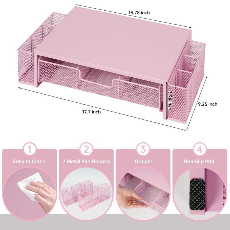 Qupui Computer Monitor Stand Riser with Drawer and Pen Holders, Desk Organizer Shelf and Accessories, Office Desk Accessories, Office Organization, Pink - Image 2