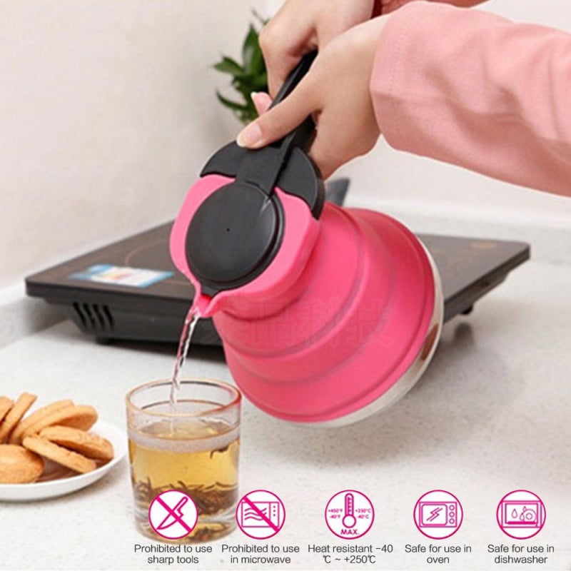 Foldable Silicone Kettle: Rose Food-Grade Silicone Body Stainless Steel Base - Wide Mouth Easy Cleaning Secure Lid Buckle Portable Camping Kettle for Outdoor Travel Camping - Image 5