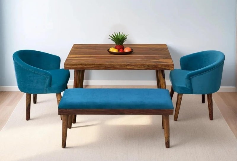 DANEWOOD Wooden Dining Table 4 Seater Four Seater Dinning Table with 2 Upholstered Dining Chairs 1 Upholstered Bench Dining Room Sets for Restaurants Sheesham Wood Honey Finish Blue - Image 1