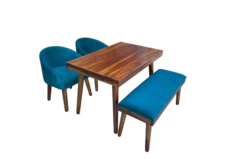 DANEWOOD Wooden Dining Table 4 Seater Four Seater Dinning Table with 2 Upholstered Dining Chairs 1 Upholstered Bench Dining Room Sets for Restaurants Sheesham Wood Honey Finish Blue - Image 3