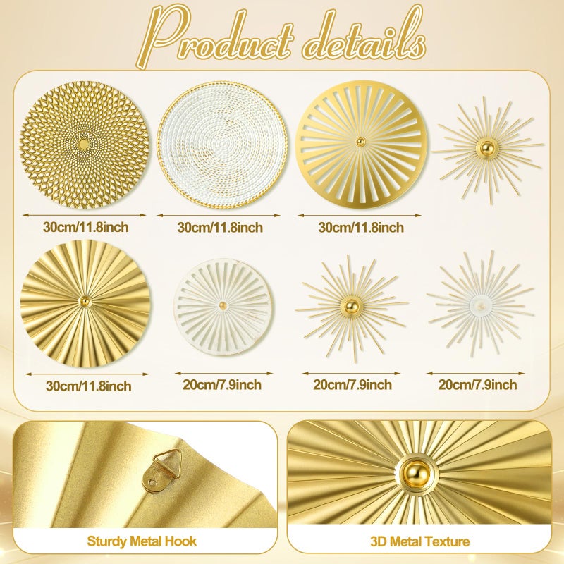 Lingvee 8 Pcs Gold Wall Decor Modern Metal Decor Metal Starbursts Radial Plate Art Hanging Decorative Wall Decorations for Home Bedroom Bathroom Living Room Office Sculpture (Gold, White) - Image 3