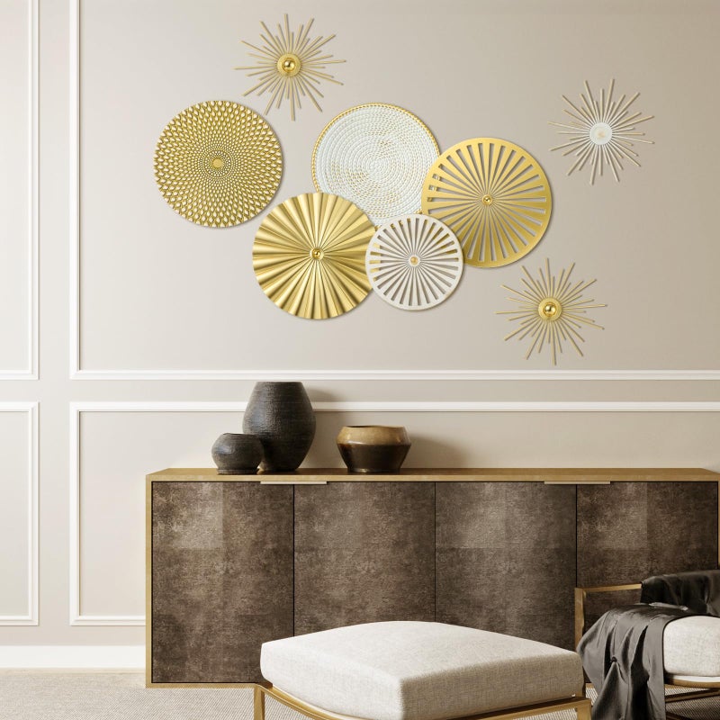 Lingvee 8 Pcs Gold Wall Decor Modern Metal Decor Metal Starbursts Radial Plate Art Hanging Decorative Wall Decorations for Home Bedroom Bathroom Living Room Office Sculpture (Gold, White) - Image 4
