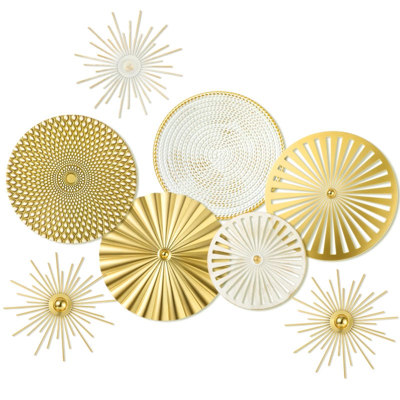 Lingvee 8 Pcs Gold Wall Decor Modern Metal Decor Metal Starbursts Radial Plate Art Hanging Decorative Wall Decorations for Home Bedroom Bathroom Living Room Office Sculpture (Gold, White) - Image 1