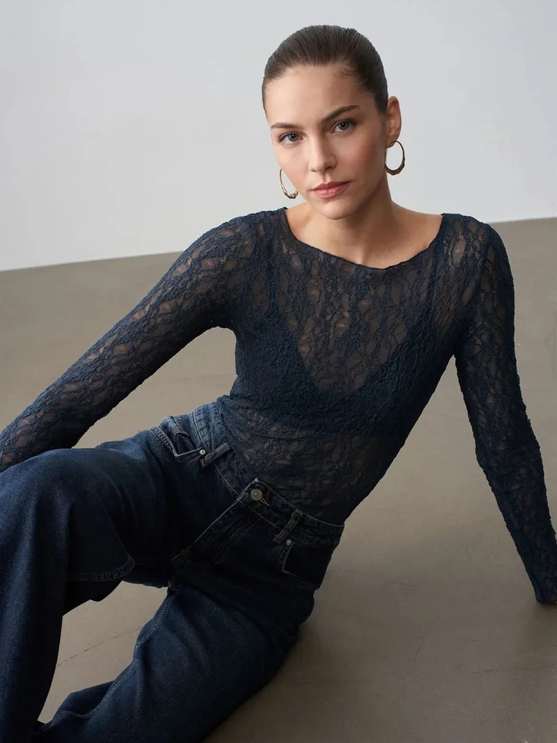 Dilvin DILVIN Slim Fit Lace Boat Neck Blouse