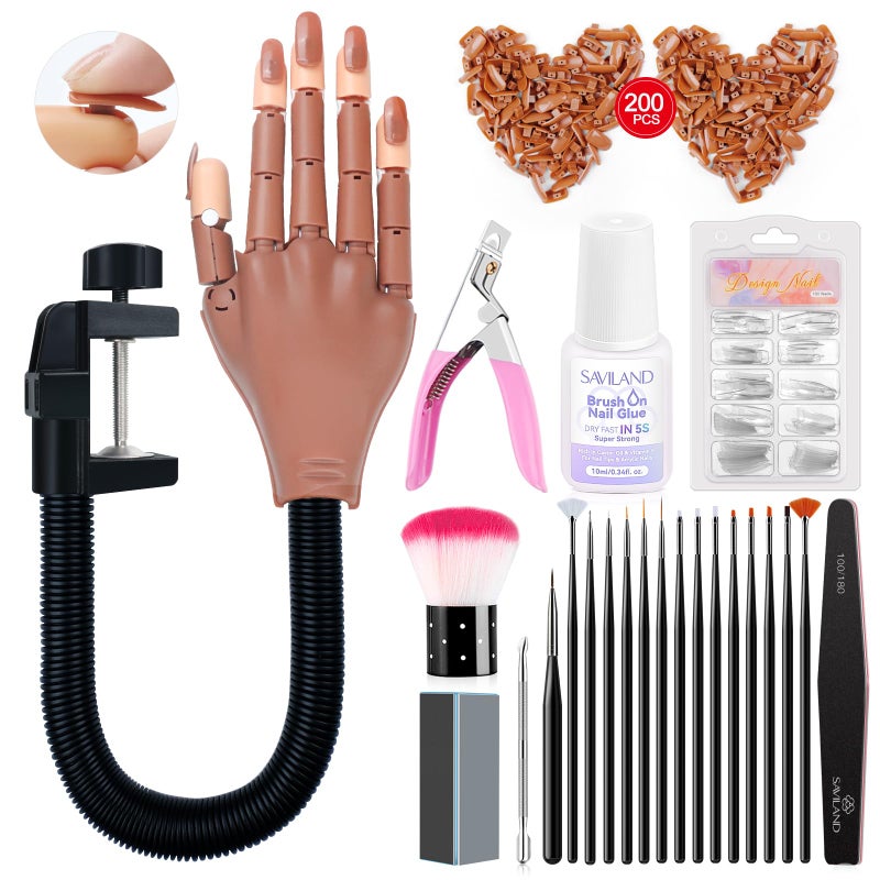 Saviland Practice Hand for Acrylic Nails, Flexible Moveable Fake Hands, Manicure Trainng Hand Nail Kit for Beginners, Movable Nail Maniquin Hand with 200PCS Nail Tips, Nail Glues, Brush and Clipper - Image 1