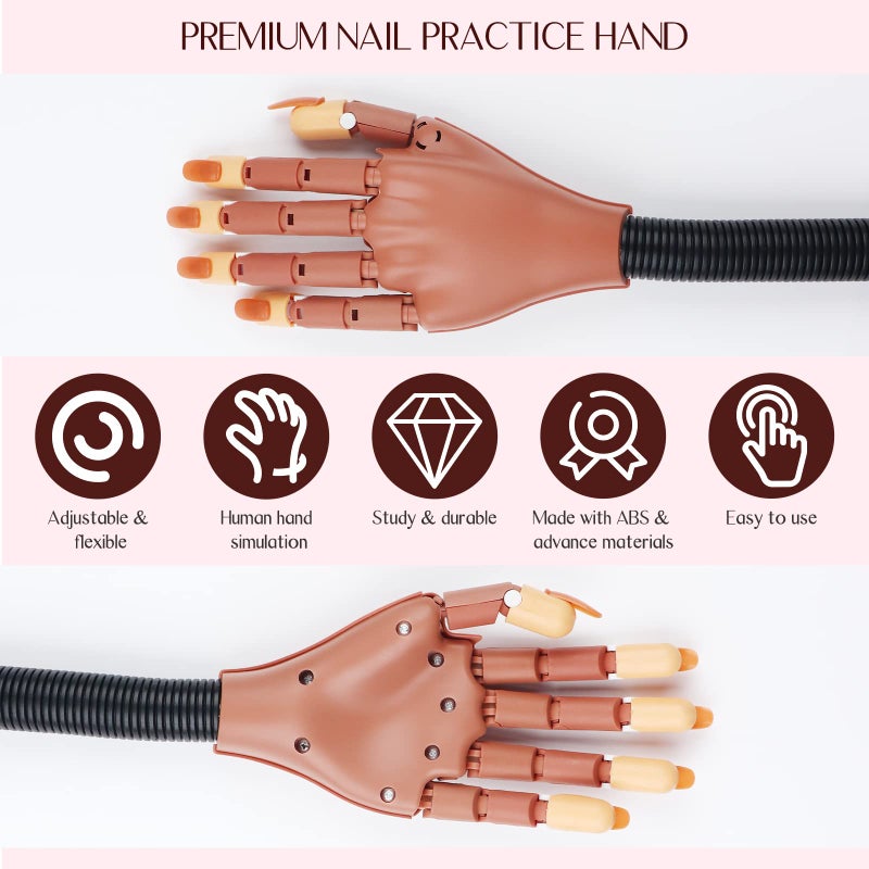 Saviland Practice Hand for Acrylic Nails, Flexible Moveable Fake Hands, Manicure Trainng Hand Nail Kit for Beginners, Movable Nail Maniquin Hand with 200PCS Nail Tips, Nail Glues, Brush and Clipper - Image 2