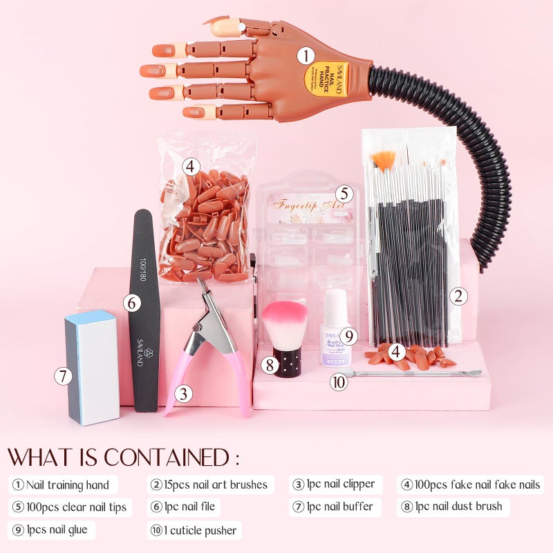 Saviland Practice Hand for Acrylic Nails, Flexible Moveable Fake Hands, Manicure Trainng Hand Nail Kit for Beginners, Movable Nail Maniquin Hand with 200PCS Nail Tips, Nail Glues, Brush and Clipper - Image 3