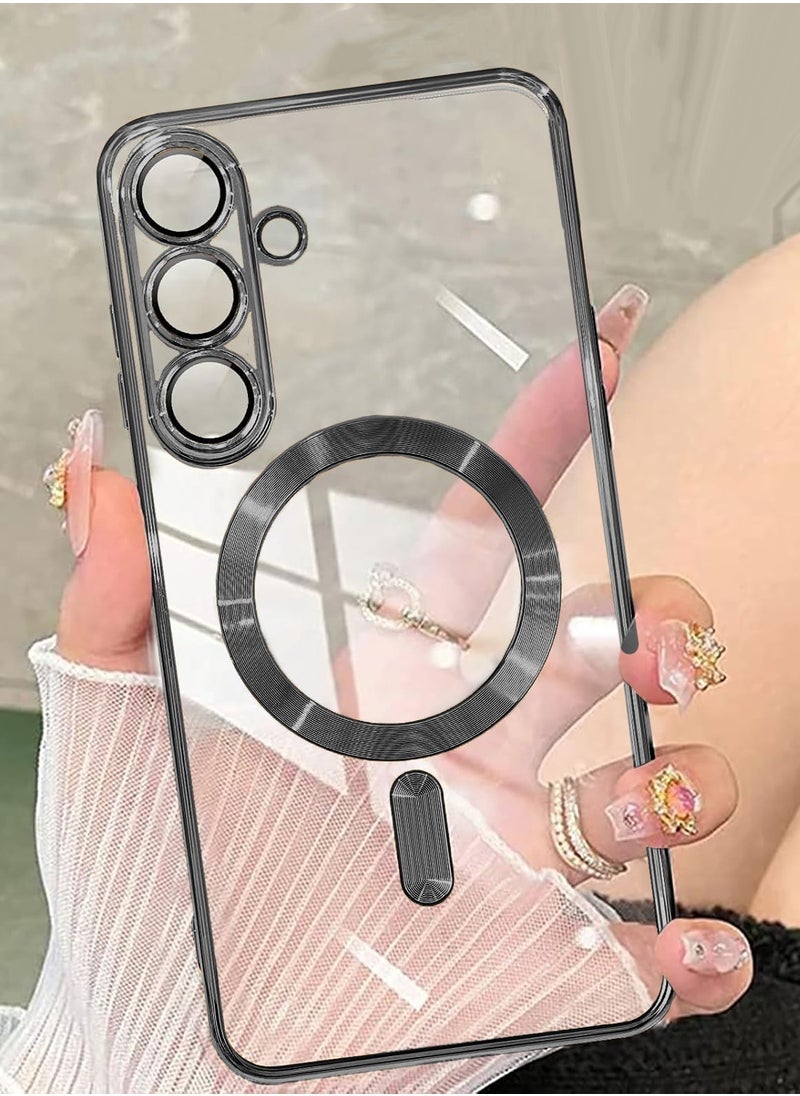 ELTRAZONE Samsung Galaxy S25 5G 2025 MagSafe PU Leather Luxury Plating Case Cover – Clear/Black Protective Case with Raised Lips for Camera Protection, Shockproof Slim Fit Design, Wireless Charging Compatible, Stylish Metallic Frame Look - Image 5