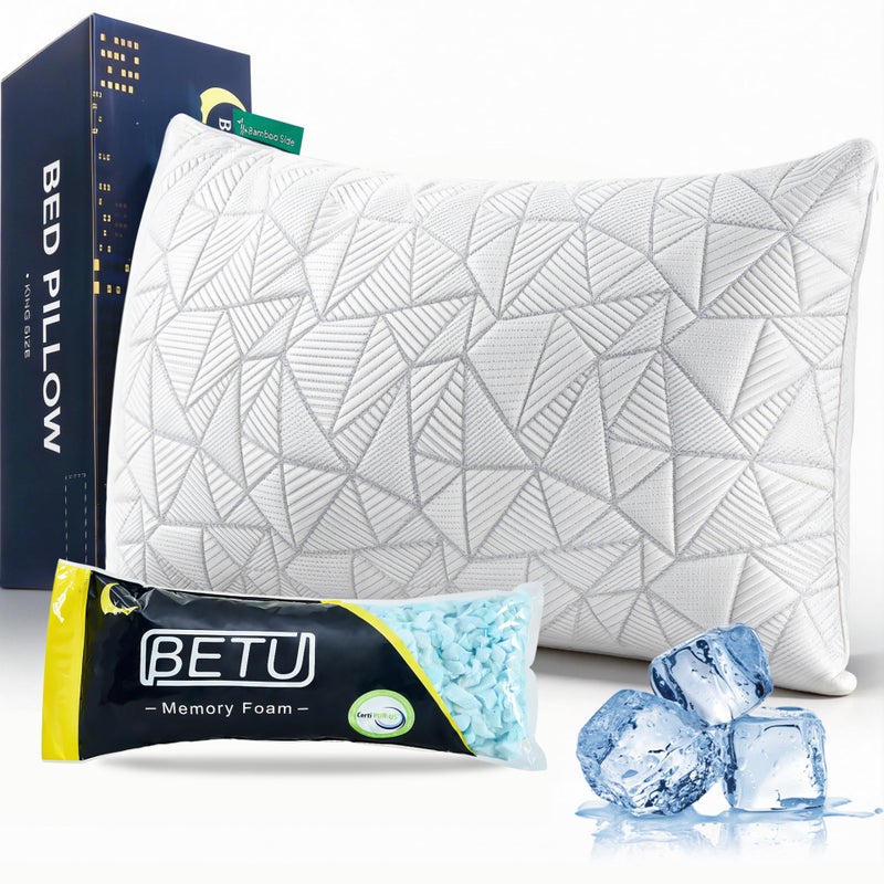 BETU Standard Pillow, Cooling Shredded Memory Foam Pillow for Hot Sleepers College Dorm Room Essentials, Adjustable Firm Gel Cool Pillow for Back Pain and Side Sleeping, Birthday Gifts for Boyfriend - Image 1