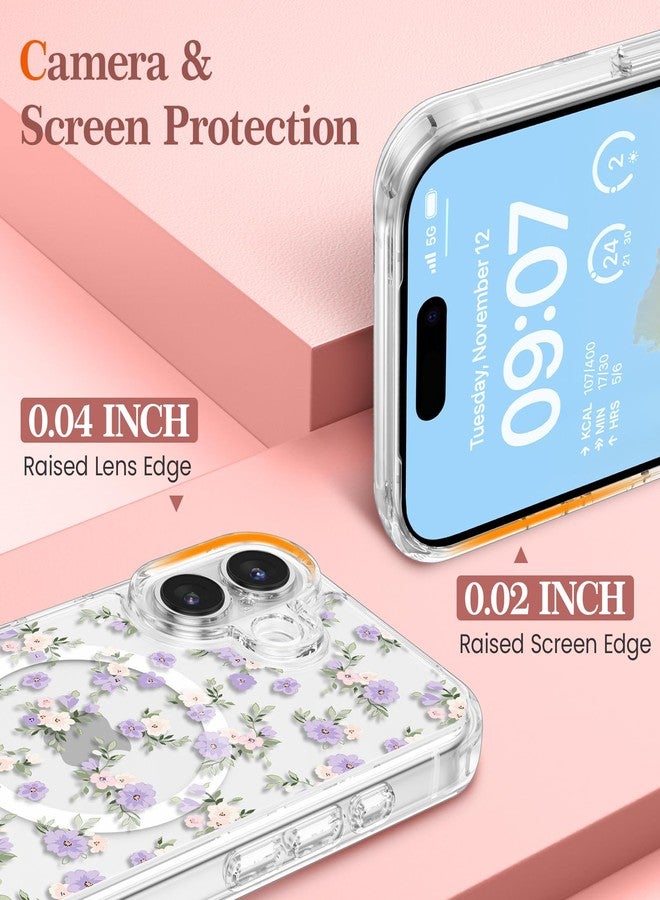 RALEAVO جراب RALEAVO لهاتف iPhone 16، [متوافق مع Magsafe] جراب حماية مغناطيسي مقاوم للصدمات بنقشة زهور، جراب سيليكون شفاف مضاد للاصفرار لهاتف iPhone 16 بنقشة زهور بنفسجية - Image 5