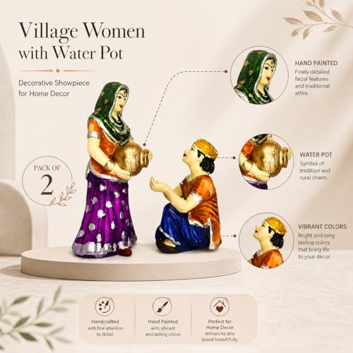 Xtore Village Women with Water Pot Idol Statue Decoreative Showpiece for Home Decor | Handcrafted and Hand Painted (Pack of 2, Multicolor) - Image 5