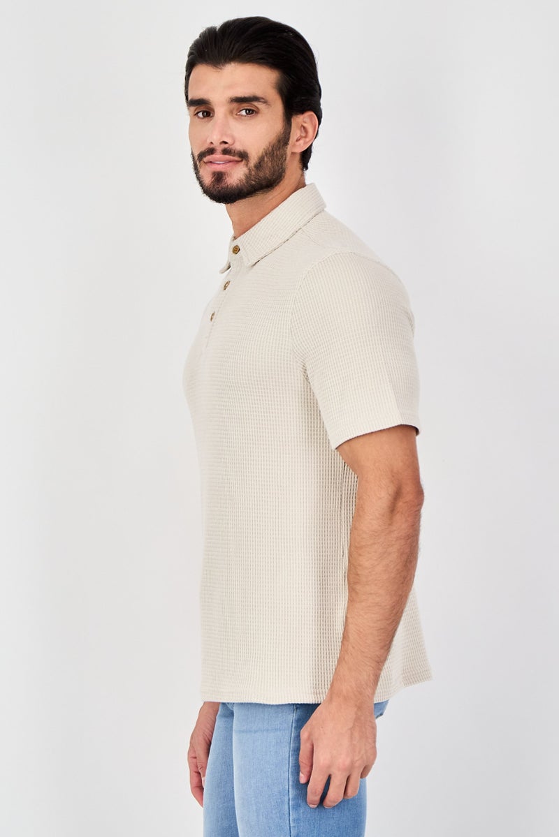 Rainforest Men Regular Fit Textured Short Sleeve Polo Shirt, Beige - Image 2