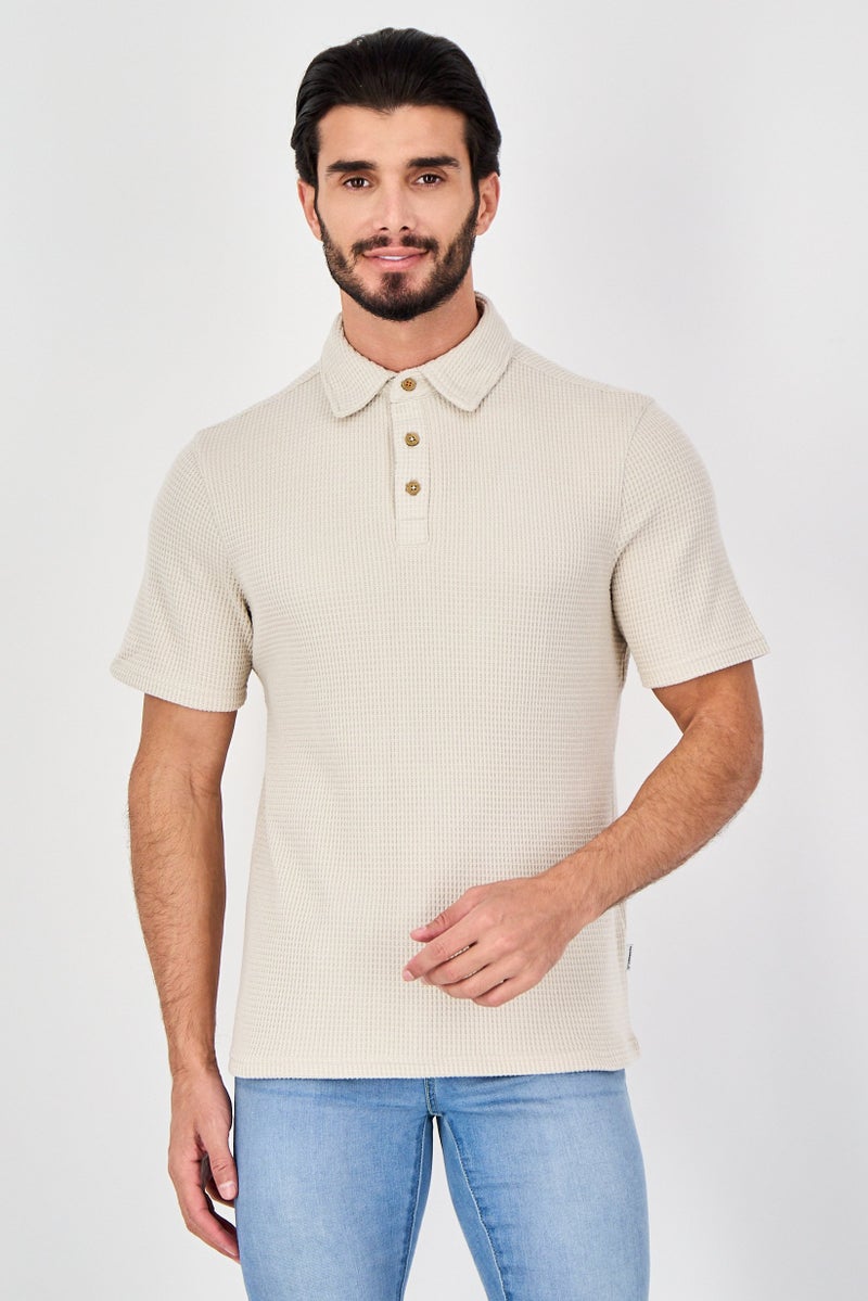 Rainforest Men Regular Fit Textured Short Sleeve Polo Shirt, Beige - Image 1