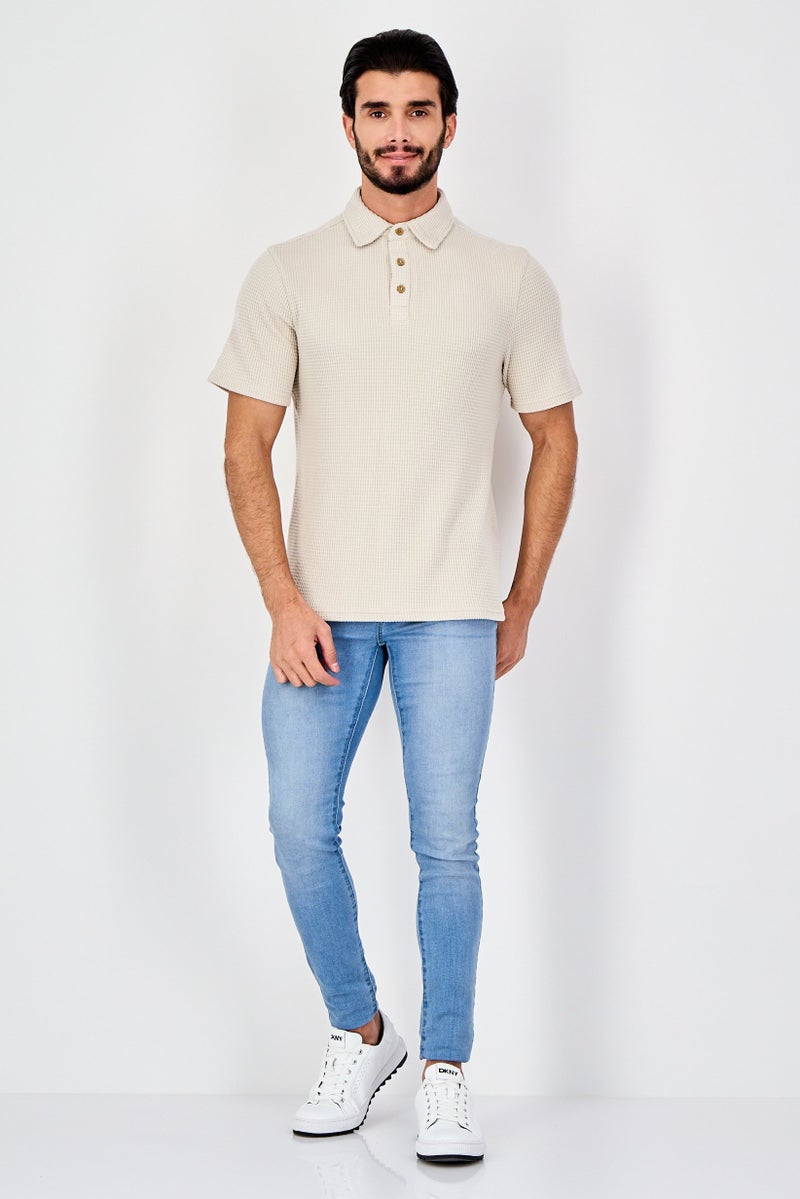 Rainforest Men Regular Fit Textured Short Sleeve Polo Shirt, Beige - Image 4