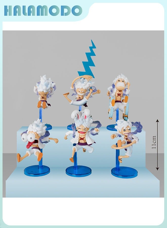 HALAMODO One Piece 6 Piece Q Version Gear 5 Sun God Nika Luffy with Blue Base Anime Figure Desktop & Car Decoration Gift - Image 1